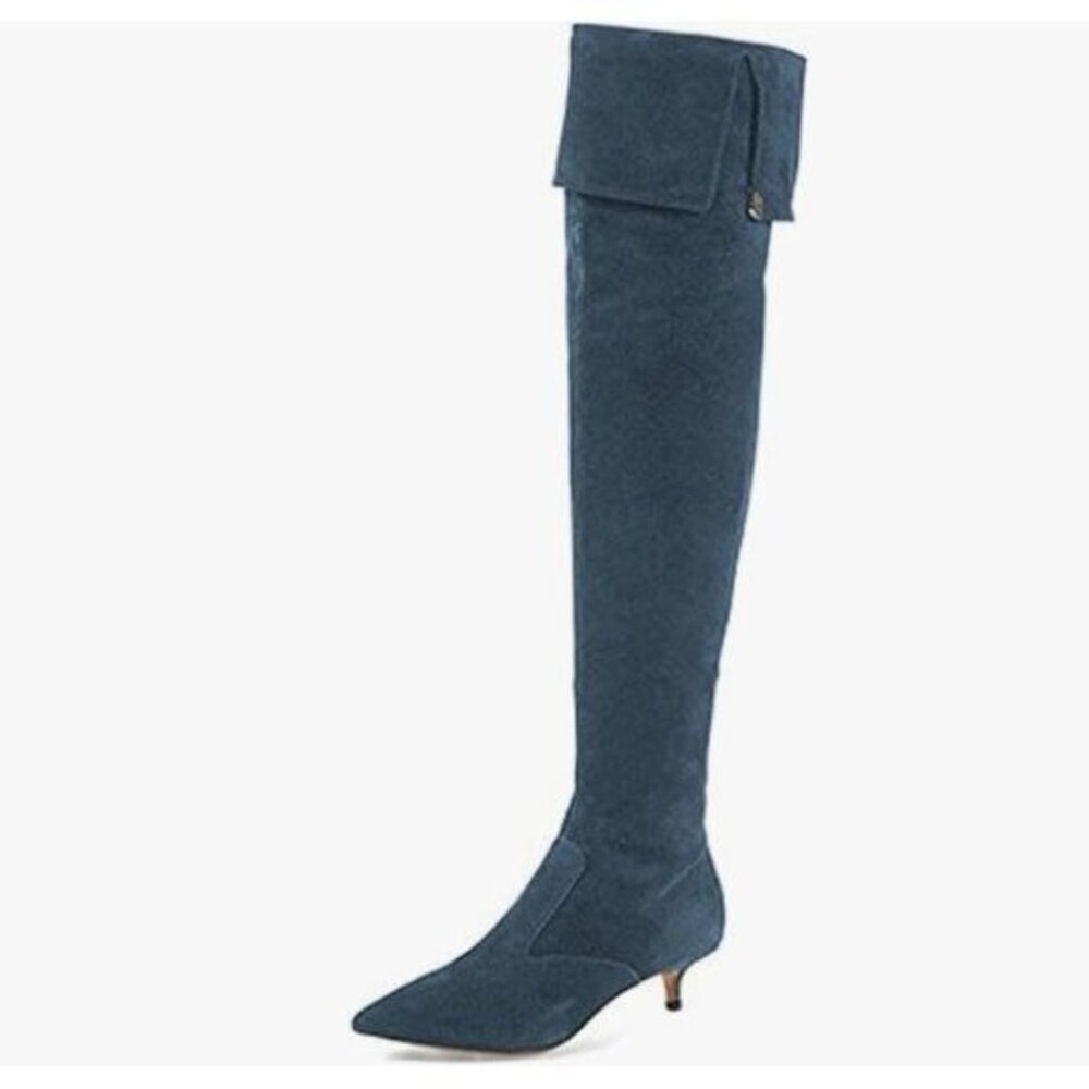 YDN Steelblue Pointed Toe Over The Knee High Kitten Heel Wide Calf Zipper Shoes